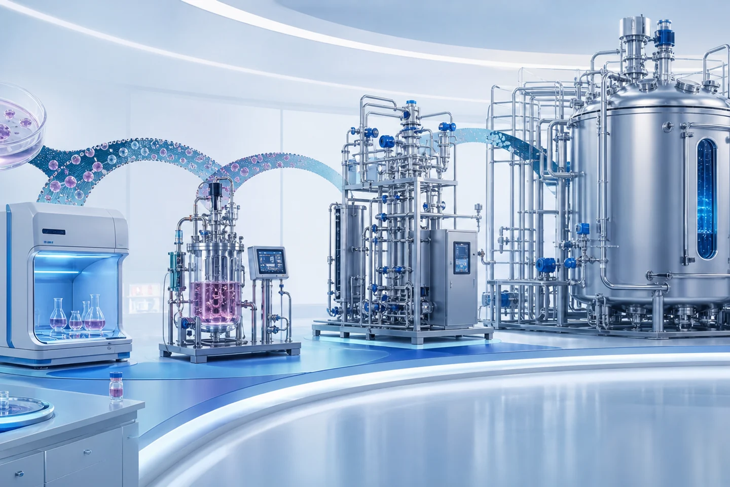 Engineered biology process scaling from cell culture to an industrial bioreactor line