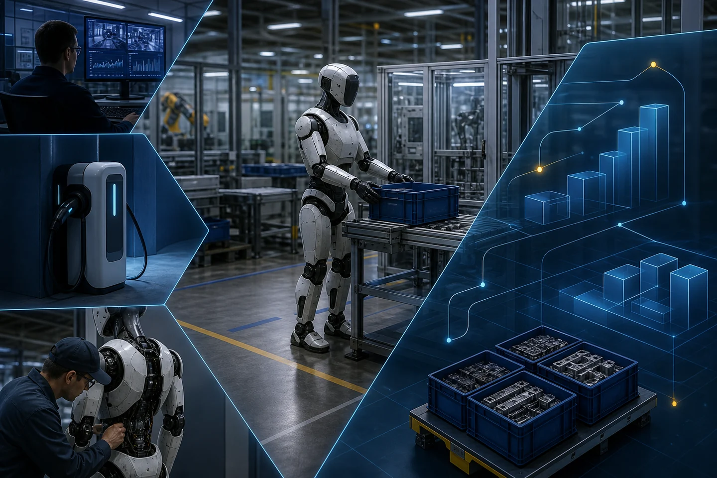 Humanoid robot in a factory cell surrounded by uptime, intervention and cost layers